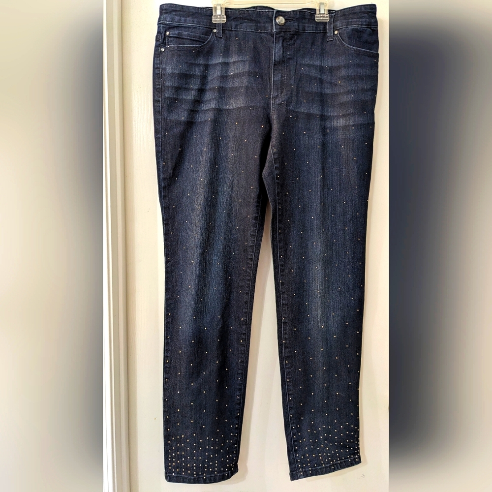 CHICO's Platinum Denim 2.5 Dark Wash Straight Leg Jeans Studded.